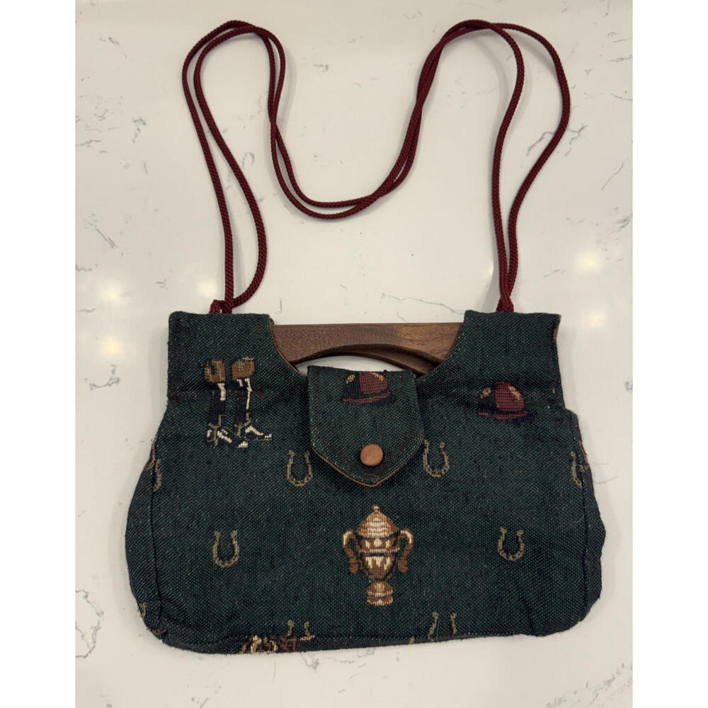 Vintage 80s Phyl's Tapestry Equestrian Shoulder Bag Crossbody Purse Green Wood